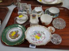 A tray of mixed china including Limoges, small Limoges plates, Royal Albert Nosegay dish, Goss