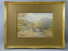 GEORGE HARRISON RCA watercolour - Snowdonia scene with triple arch stone bridge and figure,