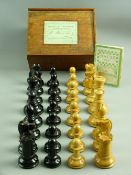 A J JAQUES 'STAUNTON' EBONY & BOXWOOD CHESS SET in original sliding lid box with label, the Kings