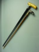 TWO ANTIQUE WALKING CANES, one having a well casT dog's head handle on a natural wood cane, the