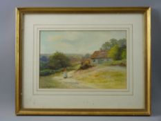 GEORGE OYSTON watercolour - figure on a path by a cottage, signed, 17.5 x 26.5 cms