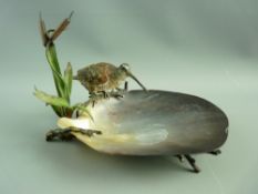 AN AUSTRIAN COLD PAINTED BRONZE STUDY OF A BIRD perched on a branch amongst bullrushes on a branch