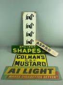 A COLLECTION OF FIVE VINTAGE ENAMEL & TIN ADVERTISING SIGNS including a narrow enamel 'Spratt's'
