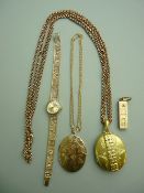 FOUR ITEMS OF NINE CARAT GOLD & PINCHBECK LADY'S JEWELLERY including an Omega lady's wristwatch with