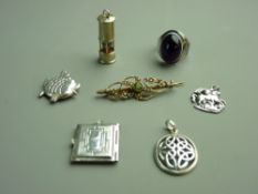 A FIFTEEN CARAT GOLD & SEED PEARL BAR BROOCH, 2.7 grms, four silver pendants, one in the form of a