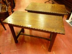 TWO RECTANGULAR RUSTIC STYLE OAK SIDE TABLES of peg joined construction, piecrust edging, the square