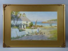 WARREN WILLIAMS ARCA watercolour - cottage at Cemaes, Anglesey with lady feeding poultry and boats