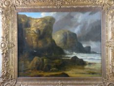 LATE 19th CENTURY ENGLISH SCHOOL oil on canvas - dramatic stormy coastalscape with high cliffs and