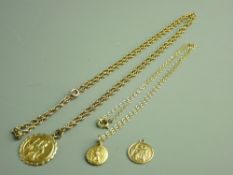 A NINE CARAT GOLD CIRCULAR ST CHRISTOPHER PENDANT on a fine link chain, 10 grms and two other tiny