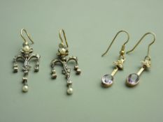 TWO ANTIQUE PAIRS OF DROP EARRINGS to include a pair in the form of a stemmed flower, set with
