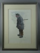 SIR KYFFIN WILLIAMS RA coloured print - standing farmer with stick, signed in full, 53 x 35 cms