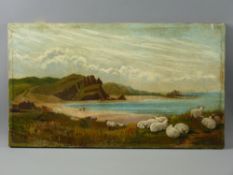 LIZZIE JONES oil on canvas, unframed - peaceful cove with figure and dog on the beach and sheep