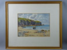WARREN WILLIAMS ARCA watercolour - Anglesey coastal cove with beached boats, signed, 27 x 37 cms