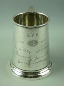 A HALLMARKED SILVER GLASS BOTTOMED PINT TANKARD of cylindrical tapering form with scroll handle,