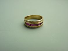 A FOURTEEN CARAT GOLD RUBY & DIAMOND HALF HOOP DRESS RING having nine square faceted rubies with a