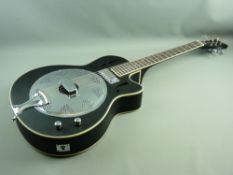 AN ACOUSTIC ELECTRIC RESONATOR GUITAR with chrome fittings on a satin black finish and rosewood fret