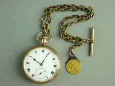 A NINE CARAT GOLD ENCASED GENT'S POCKET WATCH with plain case and having a nine carat gold link
