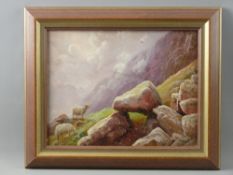 THOMAS FINCHETT oil on board - mountainscape with two sheep, signed and with title label verso 'Pass