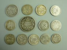 A GEORGE III SILVER SIXPENCE, 1819, a Victorian one shilling, 1844, ten silver three pence pieces,