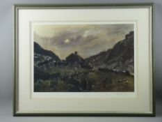 SIR KYFFIN WILLIAMS RA coloured print - Snowdonia farmstead at sunset, signed in full, 37 x 52 cms