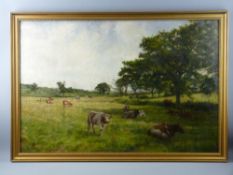 WALTER JAMES SLATER oil on canvas - peaceful rural scene with cattle resting under trees, signed, 71
