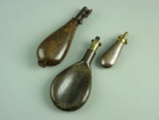 TWO ANTIQUE LEATHER & METAL SHOT FLASKS and a Dixon & Sons metal and brass powder flask