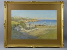 WARREN WILLIAMS ARCA watercolour - cottages, figures and boats at Cemaes, Anglesey, signed, 29 x