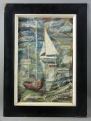 MERYL WATTS oil on board - a central yacht in sail with moored boats, signed lower right, 44 x 28.