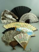 A COLLECTION OF EIGHT VINTAGE HAND HELD FANS including two ostrich feather, printed, painted,