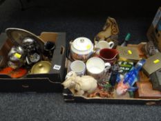 Two boxes of various china, glass & metalware including brewery items, pub water jugs, trinket boxes