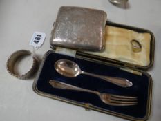 Cased hallmarked silver child's knife & fork set, hallmarked cigarette case & napkin ring together