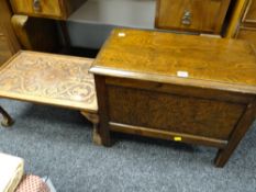 A mahogany lidded box together with a carved top low table etc