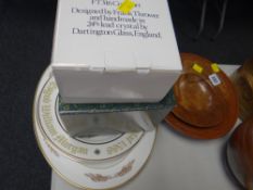 Two small wooden bowls, boxed glassware, Wedgwood meat platter & commemorative plates