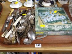 Parcel of various flatware, a boxed glass chess set
