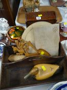An antique oak cutlery tray, two small chopping boards, carved wood boxes etc