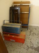 Two metal toolboxes, metal trestle legs, light fittings etc