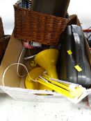 A yellow metal anglepoise lamp, small portable camping stove & light, wicker storage boxes etc