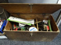 Vintage small wooden chest of Meccano together with a small steam-engine