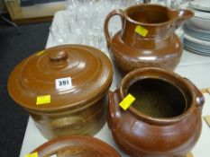 A salt glazed jug, lidded cooking pot & storage jar