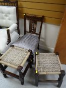 Early twentieth century cushion seated bedroom chair together with two square footstools