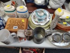 Parcel of various china, wooden framed wall plaques, musical box etc