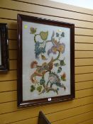 A darkwood framed embroidery / tapestry of flowers signed by R. Rhys dated 1936