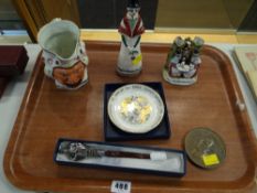 Lustre face jug, Welsh tea party fairing, Lloyd George commemorative coaster, medallion etc