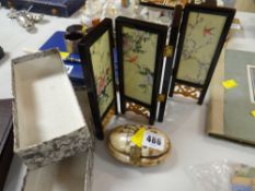 A brass inlaid camel bone trinket box together with a boxed miniature Japanese screen