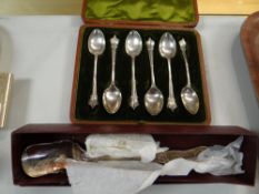 Cased set of six hallmarked silver teaspoons together with an EPNS marrow scoop