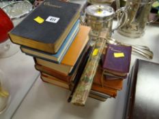 Small parcel of vintage classic bound books & two decorated fans