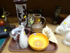 A Shelley tangerine banded small bowl, red etched glass vase, Crown Devon dish etc