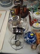 Beaten metal dinner gong together with copper measures, EPNS tray etc