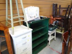 A parcel of furniture to include a painted narrow chest of drawers, pine stool, bookshelf, Lloyd