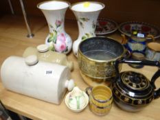 A pair of continental gilt & rose decorated baluster vases, two stoneware bottles etc